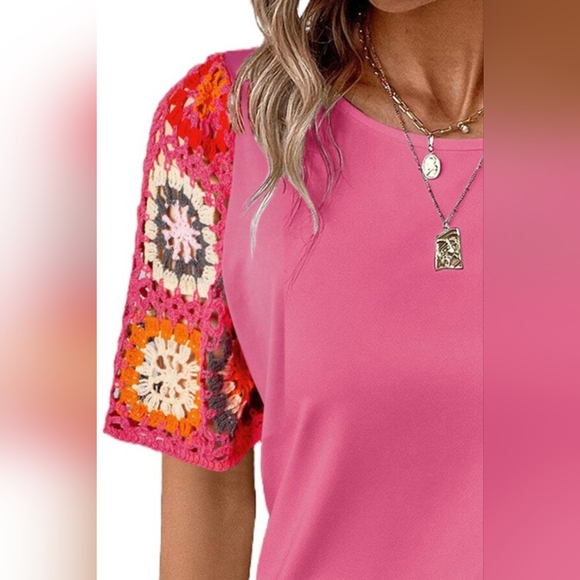 Geometric Round Neck Short Sleeve Blouse. Hit The Like ♡ Button For SALE Price - Picture 3 of 4